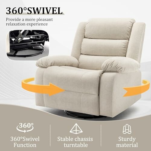 Beige recliner chair with 360-degree swivel feature and sturdy material.