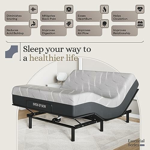 Adjustable bed promoting health benefits such as reducing snoring and improving digestion.