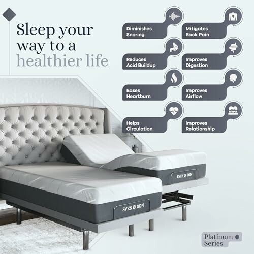 Adjustable bed with health benefit icons and text.