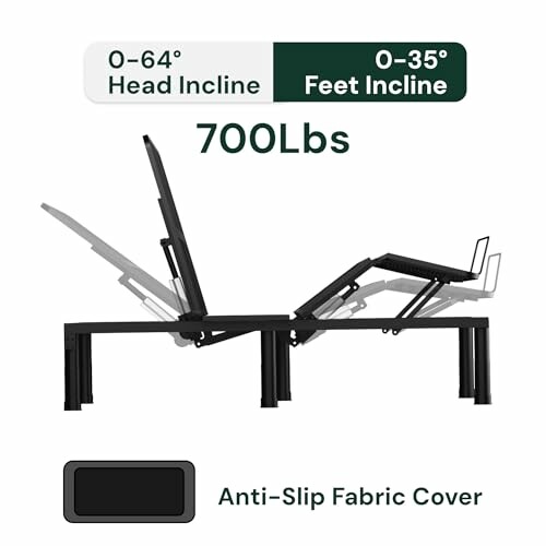 Adjustable bed frame with head and feet incline settings, supports 700 lbs, includes anti-slip fabric cover.