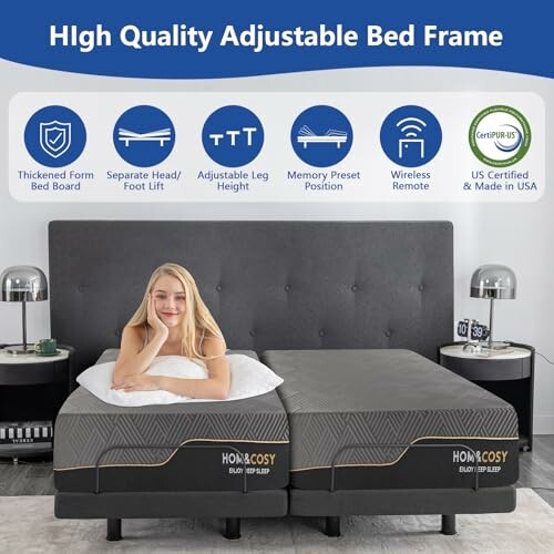 Adjustable bed frame with features and a person lying on it.