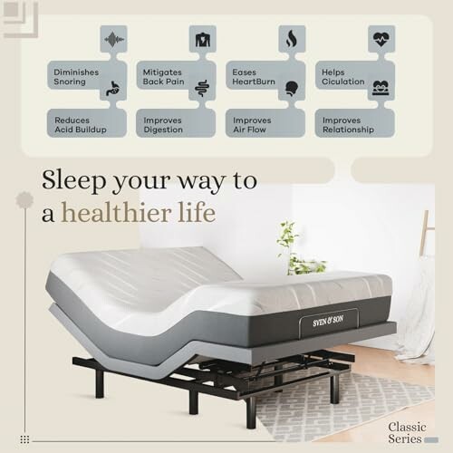 Adjustable bed highlighting health benefits like reducing acid buildup and improving circulation.