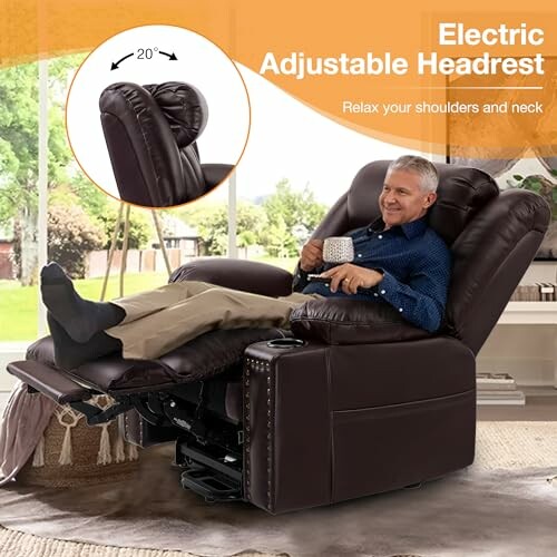 Man relaxing on a recliner with electric adjustable headrest