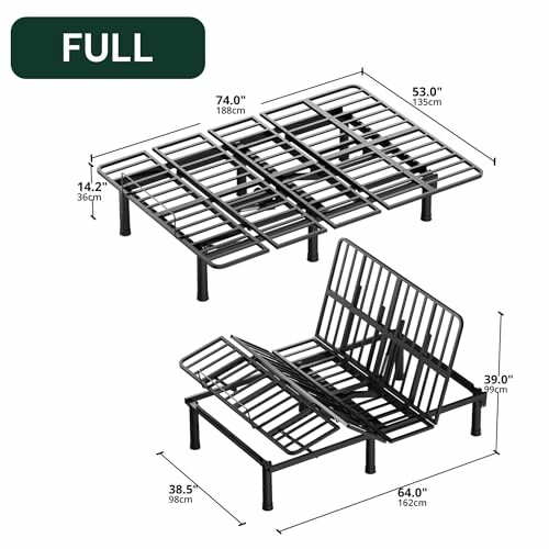 Adjustable metal bed frame with dimensions for full size.