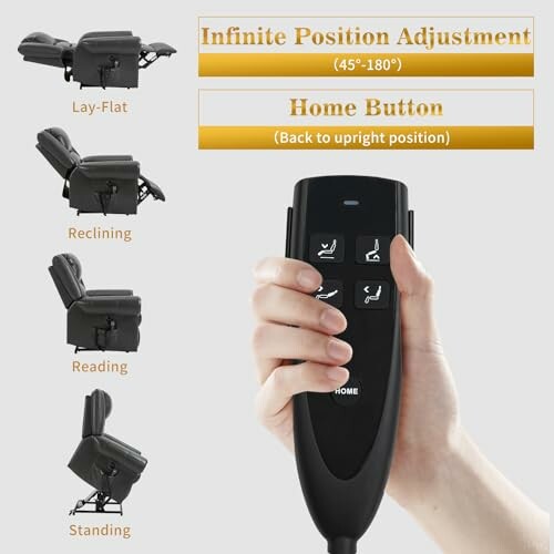 Hand holding remote with recliner position options: lay-flat, reclining, reading, standing.