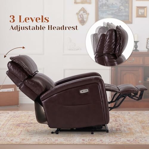 Brown recliner chair with adjustable headrest and footrest.