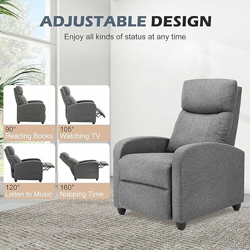 Gray adjustable recliner chair with various seating positions displayed.