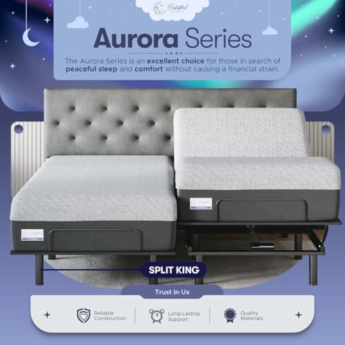 Aurora Series adjustable split king bed with features highlighted.