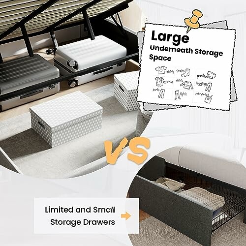 Comparison of large under-bed storage space versus limited storage drawers.