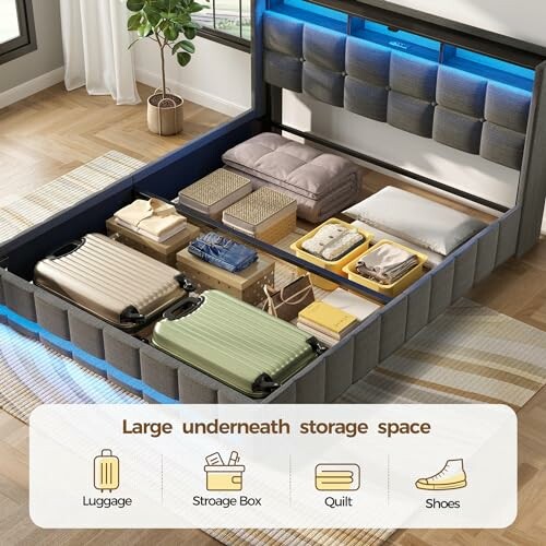 Bed with large underneath storage space for luggage, storage boxes, quilts, and shoes.