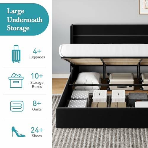 Bed with open storage space underneath storing luggage, boxes, quilts, and shoes.