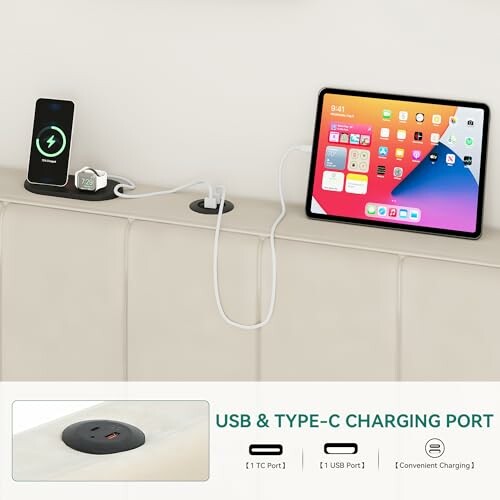 Bedside USB and Type-C charging station with tablet and smartwatch.