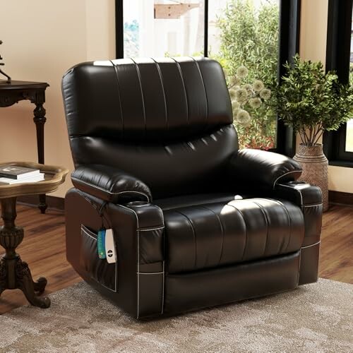 Black leather recliner chair in a living room