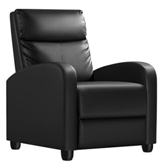 Black leather recliner chair with cushioned back