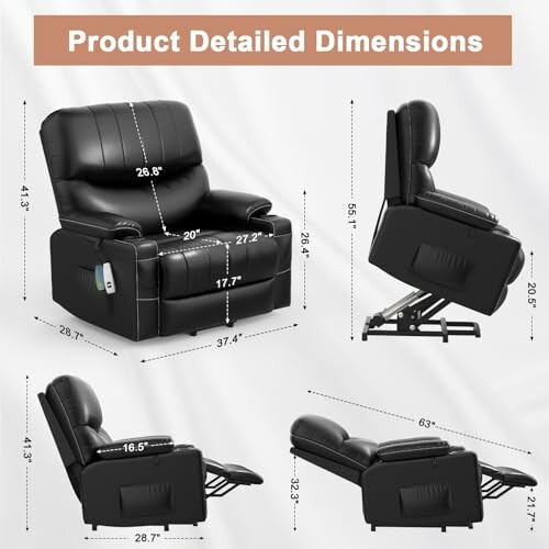 Black recliner chair with detailed dimensions shown from multiple angles.