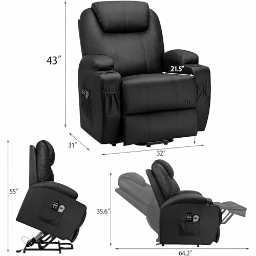 Black recliner chair with dimensions and features shown.