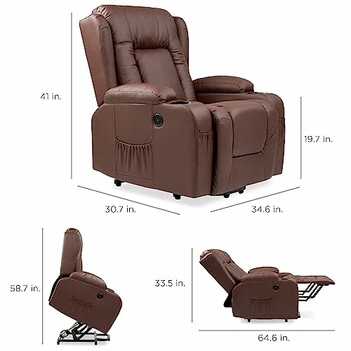 Brown recliner chair with dimensions in various positions.