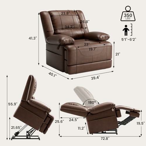 Brown recliner chair with dimensions and weight capacity.