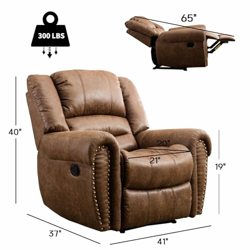 Brown recliner chair with measurements and weight capacity.