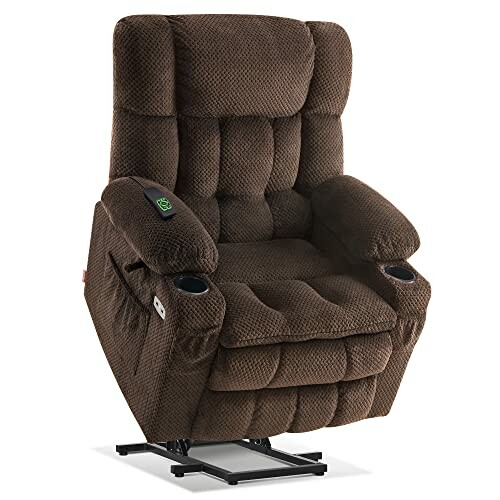 Brown recliner lift chair with cup holders and remote control