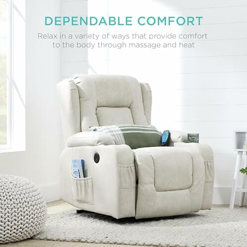 Light beige recliner chair with massage and heat features in a cozy room.