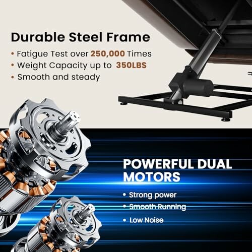 Durable steel frame with dual motors, fatigue tested, 350 lbs capacity.