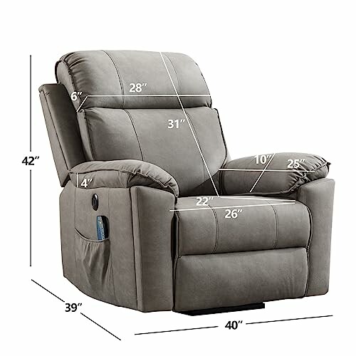 Gray recliner chair with dimensions marked.