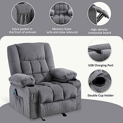 Gray recliner chair with memory foam, USB port, and cup holders.