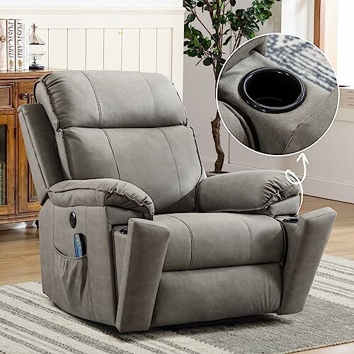 Gray recliner chair with cup holder in living room.