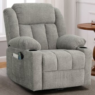 Gray recliner chair with cup holders and side pocket