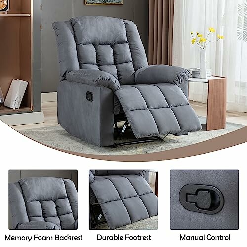 Gray recliner chair with memory foam backrest and footrest