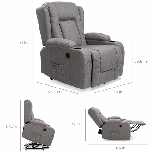 Gray recliner chair shown with dimensions from different angles.