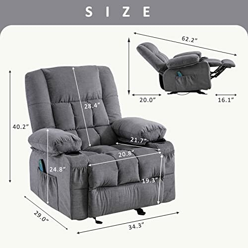 Gray recliner with dimensions labeled.