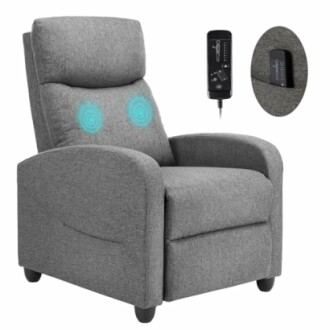 Gray recliner massage chair with remote control.