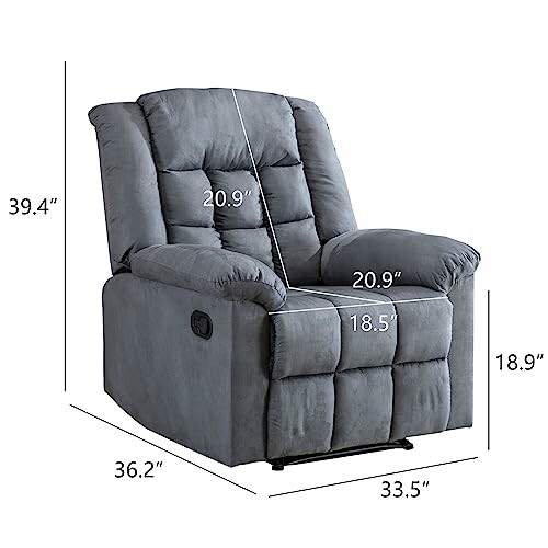 Grey recliner chair with dimensions 39.4 x 36.2 x 33.5 inches.