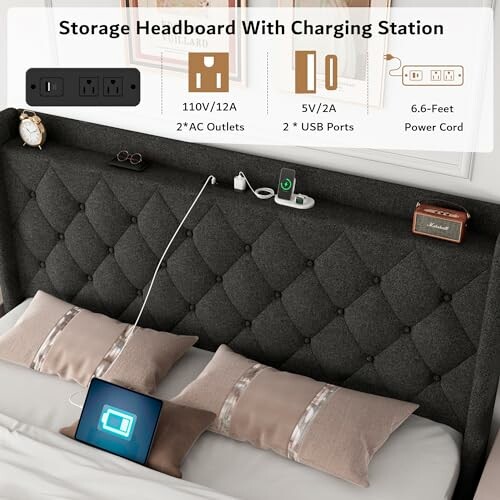 Headboard with built-in charging station, outlets, USB ports, and power cord.