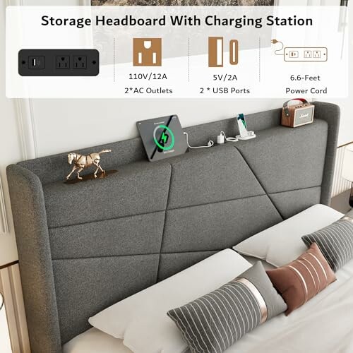 Bed headboard with built-in charging station and storage space.