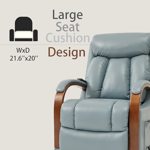 Large cushioned chair with wooden armrests and dimensions 21.6 by 20 inches.