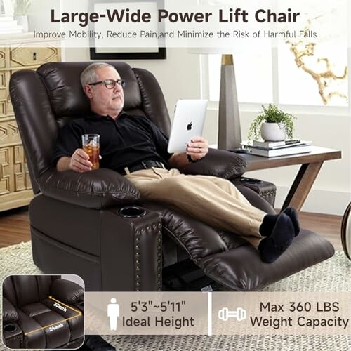 Person relaxing in a large power lift chair with remote and drink.