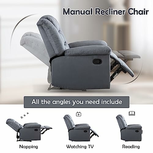 Manual recliner chair with adjustable angles for napping, watching TV, and reading.