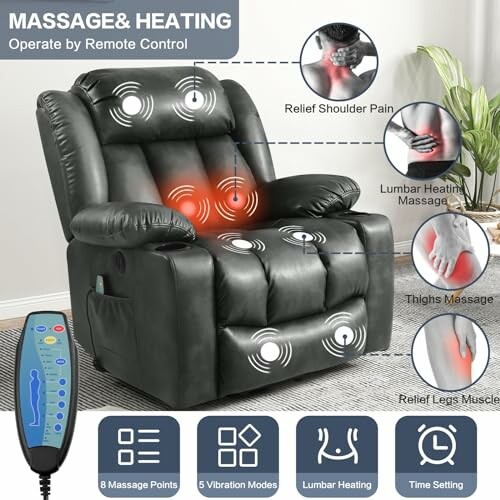 Massage and heating recliner chair with remote control and various massage points.