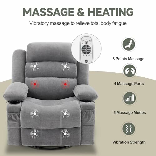 Gray recliner chair with massage and heating features, showing 8 massage points, 4 massage parts, 5 modes, and vibration strength.