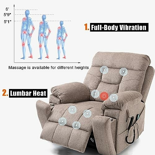 Recliner chair with full-body vibration and lumbar heat features.