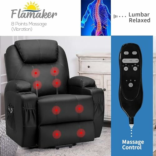 Black massage recliner chair with remote control and lumbar relaxation feature.