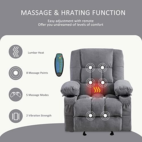 Massage recliner chair with remote, featuring lumbar heat, massage points, modes, and vibration strength.