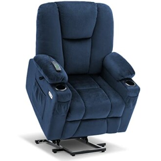 Navy blue recliner chair with cup holders and remote.