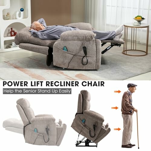 Senior using power lift recliner chair for easy standing.