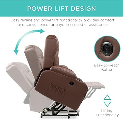 Power lift recliner chair demonstrating lift functionality with easy-to-reach button.