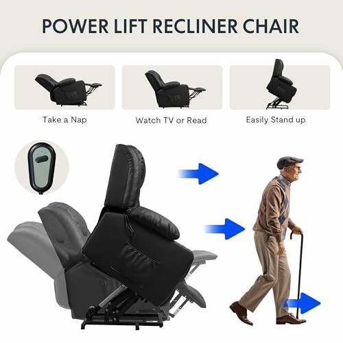 Power lift recliner chair with images of reclining positions and a man standing up using a cane.