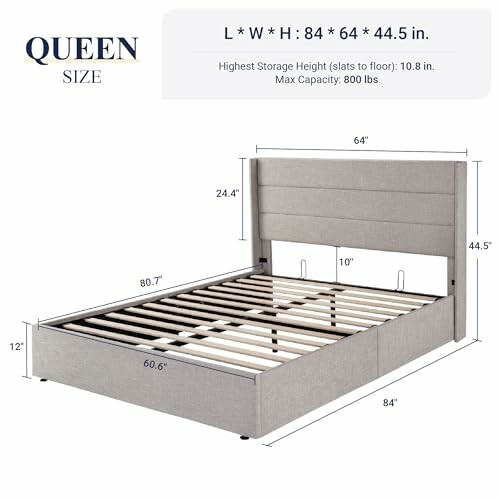 Diagram of a queen size bed frame with dimensions and storage height.